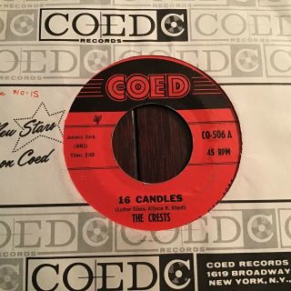 45 Rpm Crests Coed 506 16 Sixteen Candles / Beside You Vg,