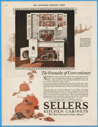 1920 Sellers Kitchen Cabinets Elwood Indiana Flour Bin Cupboard Fall Theme Ad