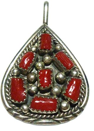 Navajo Vintage Red Coral Sterling Silver Estate Womens Necklace Pendant 1 5/8 "
