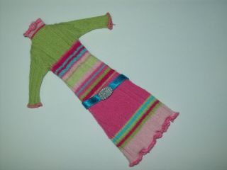 Barbie Doll Clothes Green Pink Striped Knit Belted Dress D627