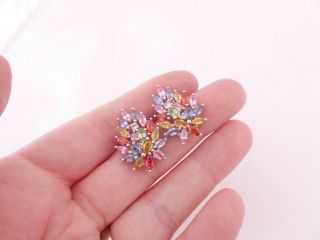 Solid Silver Multi Coloured Sapphire Cluster Stud Earrings,  925