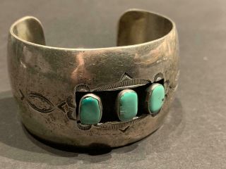 Vintage Navajo Sterling Silver And Turquoise Shadow Box Cuff Bracelet