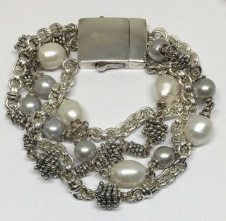 Michael Dawkins 925 Sterling Silver 4 Row Gray & White Pearl Bracelet 7.  5 "