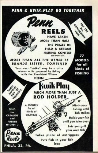 1956 Print Ad Penn Fishing Reels & Kwik Play Rod Holders Philadelphia,  Pa