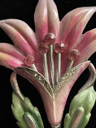 Vintage CORO large Brooch Pin Pink Enamel Flower Rhinestones Signed Silver 2