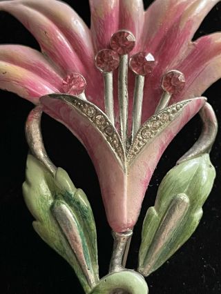 Vintage CORO large Brooch Pin Pink Enamel Flower Rhinestones Signed Silver 3