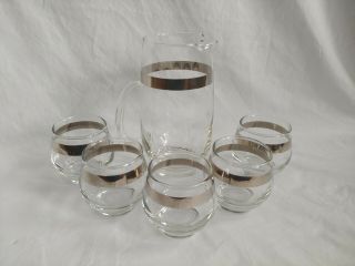 Libbey Barware Silver Band Cocktail Pitcher And 5 Roly Poly Glasses Vintage Mcm