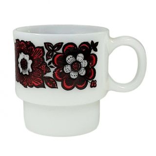 Mid Century Red And Black Flower Floral Cup Mug Stackable Milk Glass Drinkware