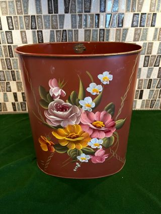 Vintage Metal Trash Can With Hand Painted Flowers