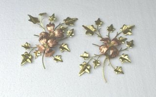 Set Vintage Wall Hanging Dogwood Flowers Brass Copper Metal Art Sculpture Mcm