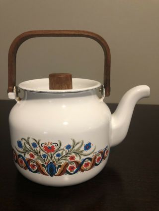 Berggren Swedish Porcelain Enamelware Wood Handle Teapot Kettle Folk Art
