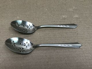 2 Vintage Ekco Eks7 Slotted Serving Spoons Stainless Daisies Chevron Usa