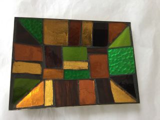 Mid - Century Multi - Colored Stained Glass Or Plexi Dish With Brass Colored Back