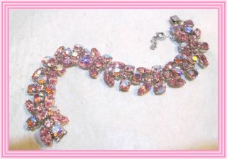 Sherman Hot Pink & Pink Ab -.  75 " Wd Three Row Marquise Cluster Style Bracelet Nr