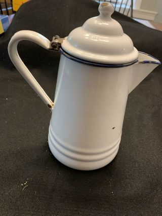 Vintage Enamelware Coffee Pot White With Blue Trim