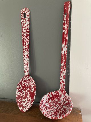 Enamel Ware Red And White Ladle And Spoon