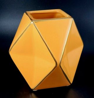 Retro Mid Century Modern Funky Shaped Peachy Orange Gold Trim Ceramic Vase.