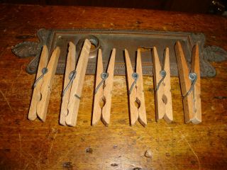Vintage Wood Wooden Clothes Pins Wire Spring Clothespins 6