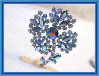 Sherman Peacock Blue Ab & Sky Blue - 4 Petal Figural Flower Cluster Motif Brooch