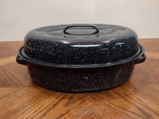 Small 11 " Graniteware Enamel Oval Roasting Pan With Lid Black With White Specks