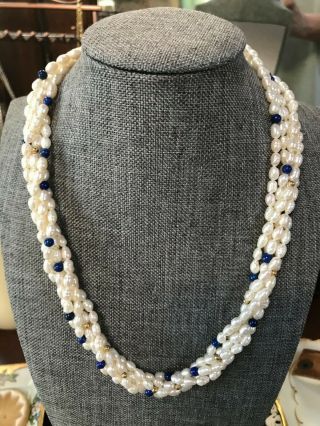 Estate Triple Strand Freshwater Pearls Lapis Necklace & Bracelet 14k Descenza