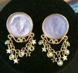 Rare Kirks Folly Dream Angel Earrings Lavender Cameo Angel With Charms Clip On