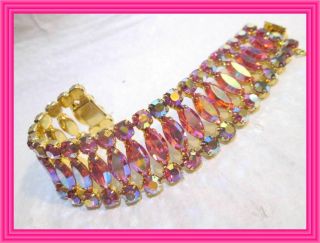 Sherman Hot Pink Ab - 1 " Wd Three Row Marquise Crystal Openwork Motif Bracelet Nr