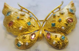 Rare Hattie Carnegie Gold Tone - Rhinestones & Faux Pearl Butterfly - Huge.