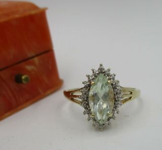 Hallmarked 9ct Gold Marquise Cut Green Amethyst & Diamond Set Ring - Size: V.