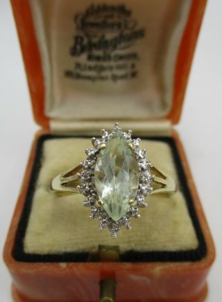 Hallmarked 9ct Gold Marquise Cut Green Amethyst & Diamond Set Ring - Size: V. 2