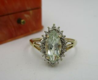 Hallmarked 9ct Gold Marquise Cut Green Amethyst & Diamond Set Ring - Size: V. 3