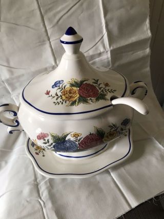 Vintage Large Ceramic Soup Tureen Fall Floral With Underplate And Ladle - Japan