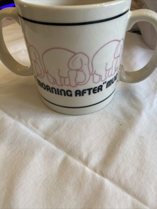 Vintage The Morning After Hangover Mug Two Handle Coffee Cup Pink Elephants