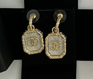 Stamped Rare Chanel Gold Tone Tag Style Earrings,  Mother Of Pearl Style Inlay