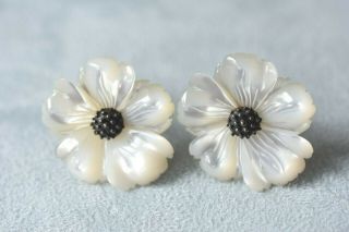 Designer Stephen Dweck Carved Mother Of Pearl Flower Sterling Silver Earrings