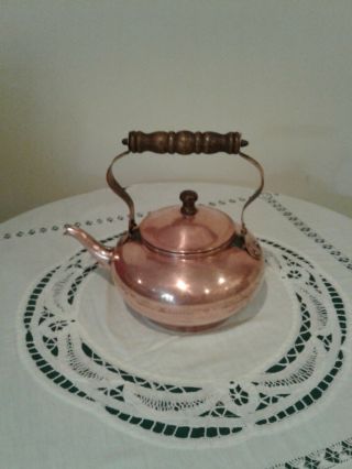 Vintage Copper Tea Kettle With Wood Handle And Knob 8 " Tall X 8 " Wide X 4 " Deep
