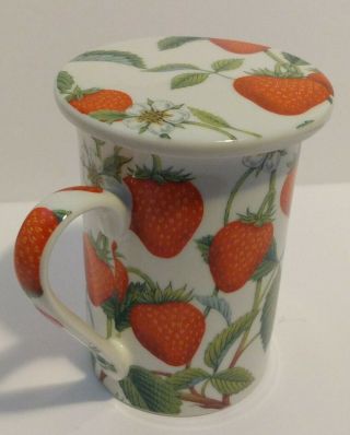 Kent Pottery 1987 Strawberries Mug Coffee Tea Cup,  Lid Strawberry Plant & Bloom