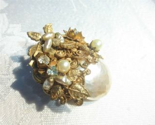 Vintage Signed Miriam Haskell Gilt Baroque Pearl Flower Pin Brooch