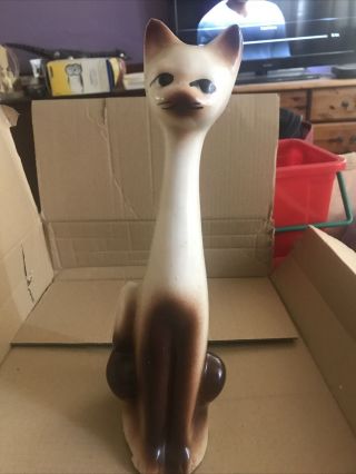 Vintage Large 14” Tall Long Neck Ceramic Siamese Cat / Mid Century Kitch A/f