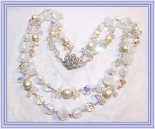 Sherman Clear Ab - Wire Strung Double Strand Pearl & Opal Glass Bead Necklace Nr