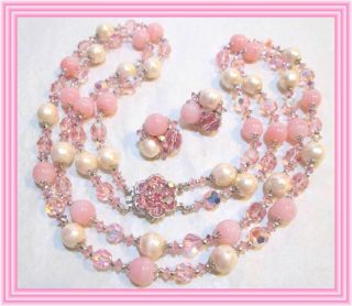 Sherman Hot Pink Ab - Uniform Double Strand Pearl & Glass Bead Necklace Set Nr