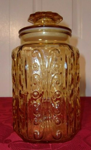 9 " Vintage Le Smith Amber Glass Canister Atterbury Scroll (1)