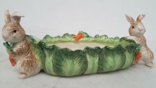 Kaldun & Bogle Ceramic Bunny Rabbits In Green Cabbage Dish Ac