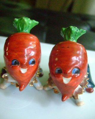Vintage Ceramic Anthropomorphic Baby Carrot Heads Salt And Pepper Shakers