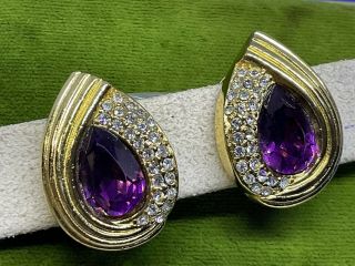 Stunning Vintage Signed Christian Dior Purple Rhinestone Clip Earrings