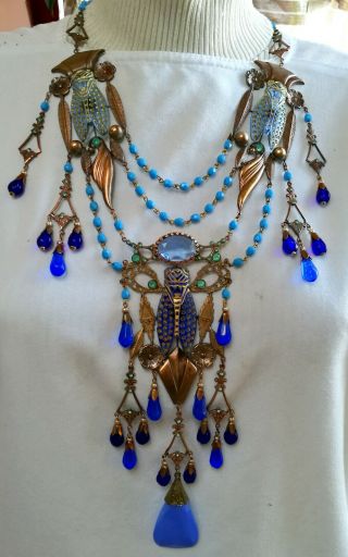 Very Old Art Nouveau Blue - Cikades Glass Necklace,  Signed Czechoslovakia