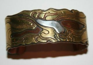 Vintage Abstract Modernist Cuff Bracelet Mixed Metal Copper Brass Signed Mojo
