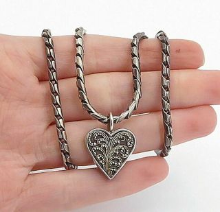 925 Sterling Silver - Vintage Dark Tone Swirl Love Heart Chain Necklace - N3345