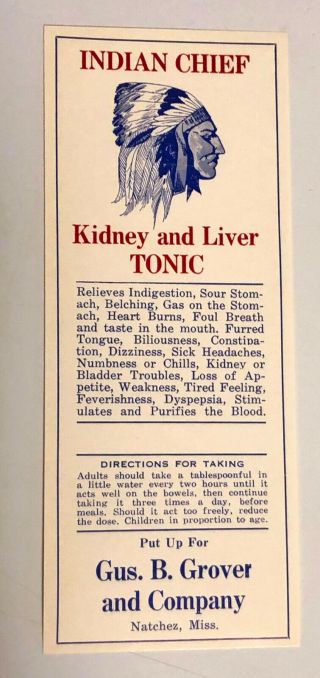 Antique Indian Chief Kidney And Liver Tonic Paper Bottle Label - Natchez Ms