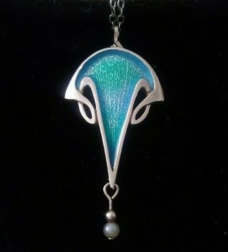 Vintage Norman Grant Art Nouveau Silver Enamel Pendant & Chain Signed